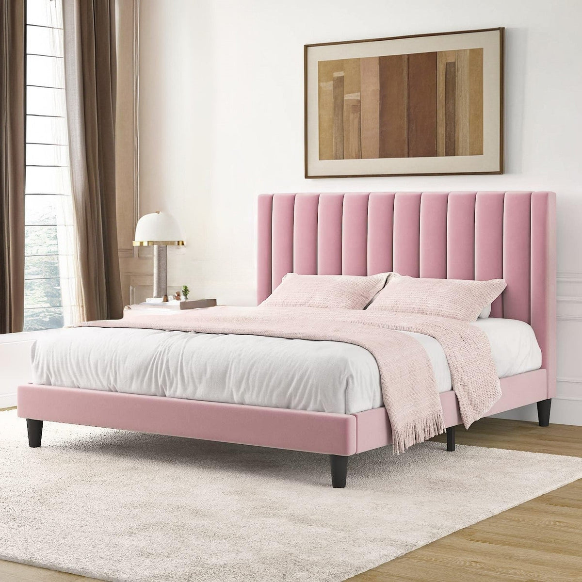 Velvet Upholstered Bed Frame with Tufted Headboard