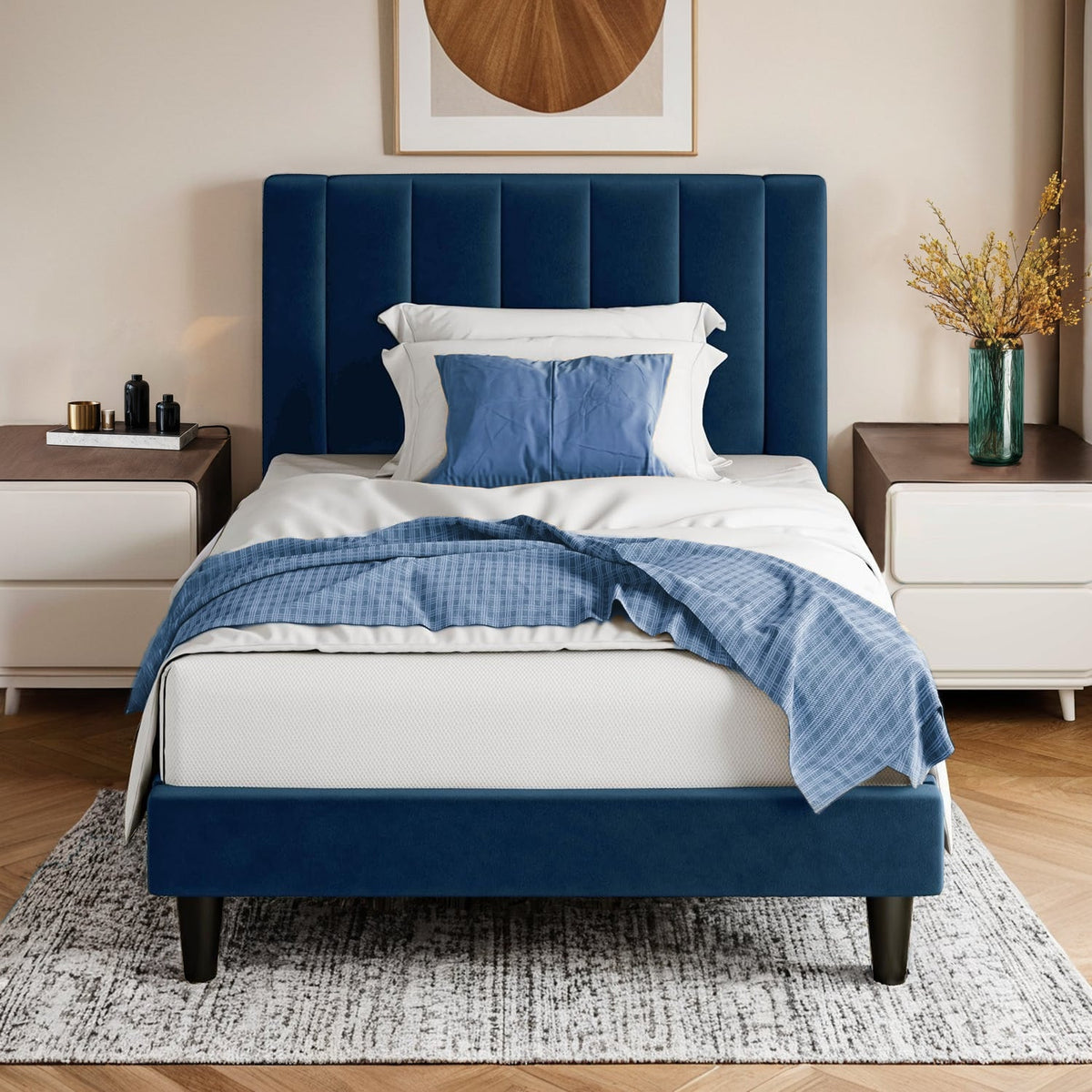 Twin Velvet Platform Bed with Channel Tufted Headboard