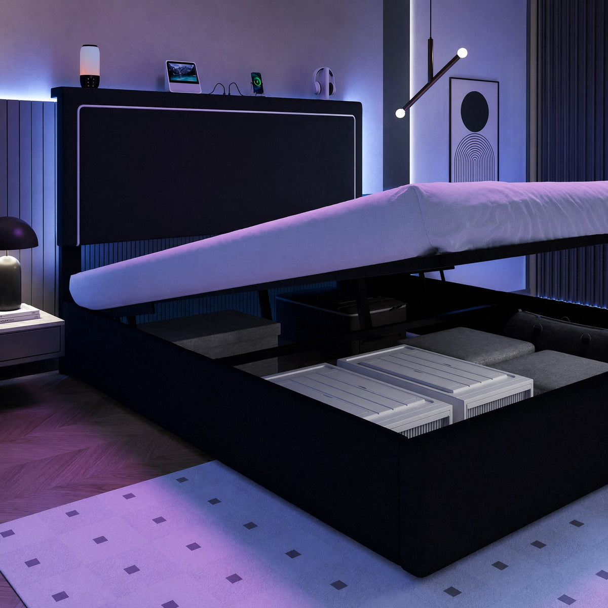 Lift Up Storage Bed with LED Lights and Charging Station