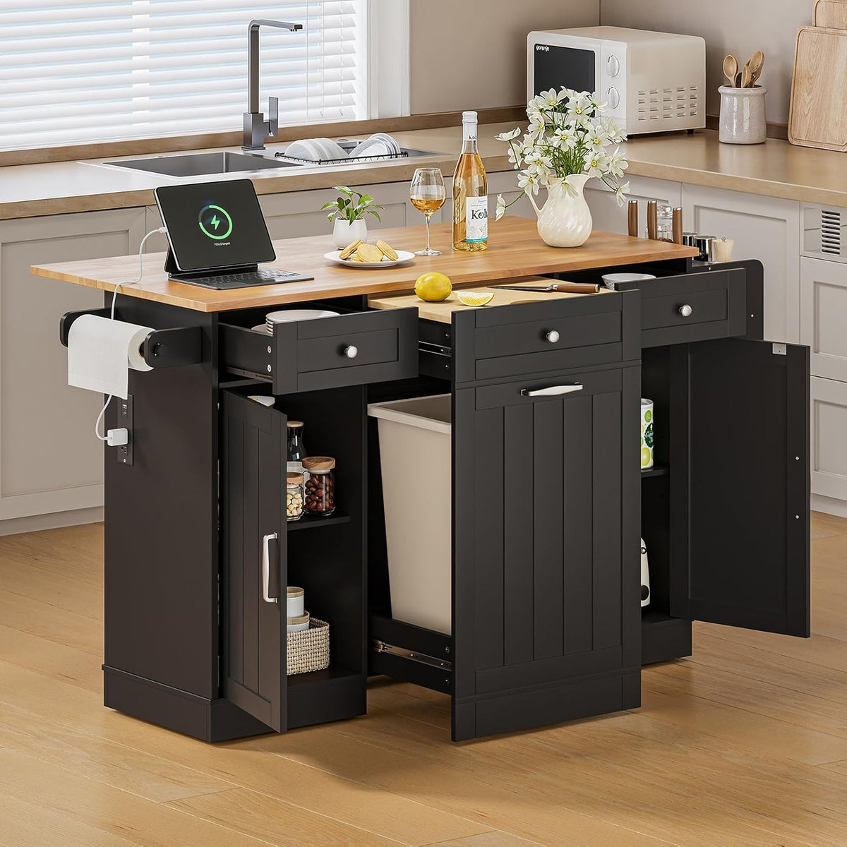 61 Inch Rolling Kitchen Island with Cutting Board