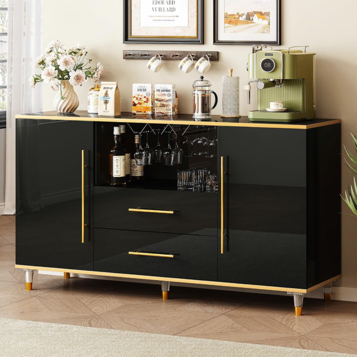 High Gloss Kitchen Buffet Cabinet with Wine Glass Holder