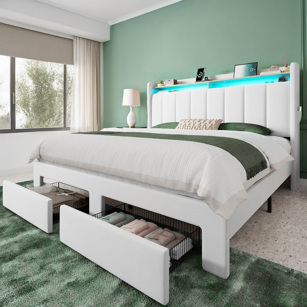 Velvet Platform Bed with LED Headboard and Drawers