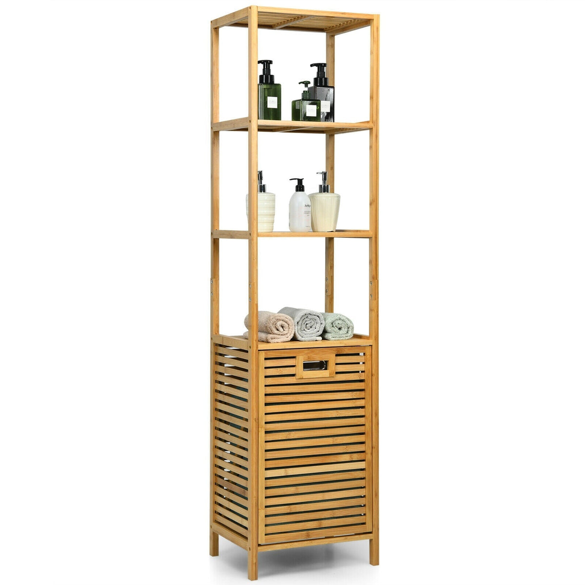Bamboo Tower Hamper with 3-Tier Storage Shelves