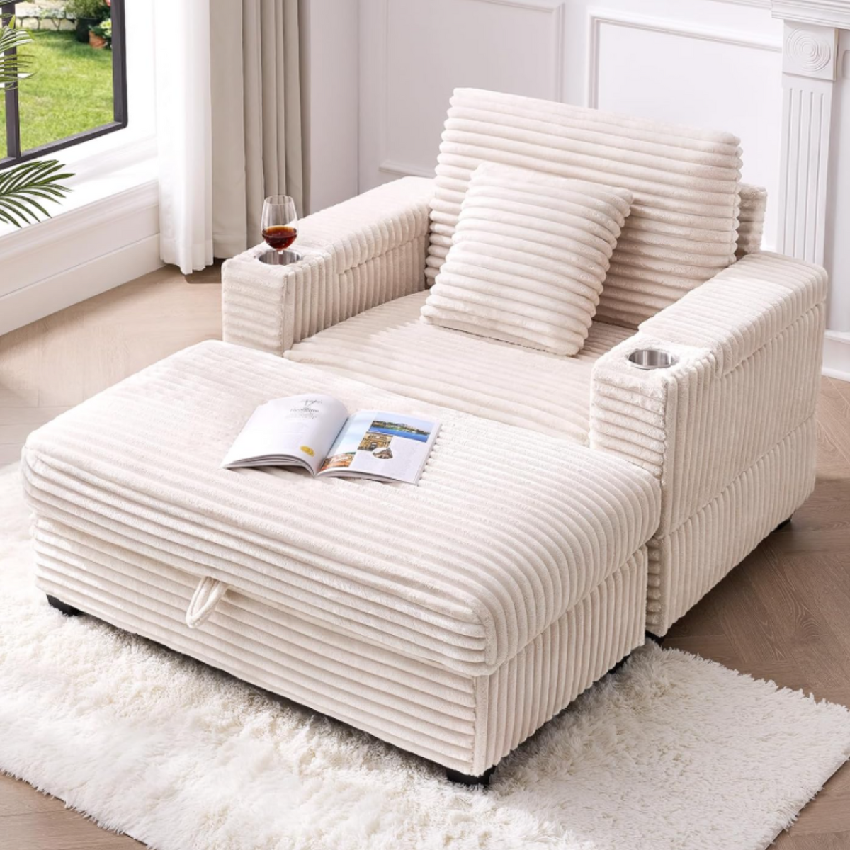 Oversized Corduroy Accent Chaise Chair with Ottoman