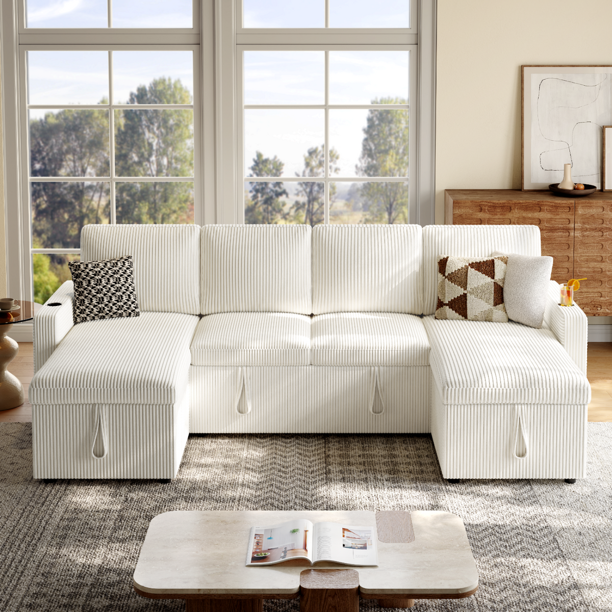 101 Inch U-Shaped Sleeper Sofa with Pull-Out Bed