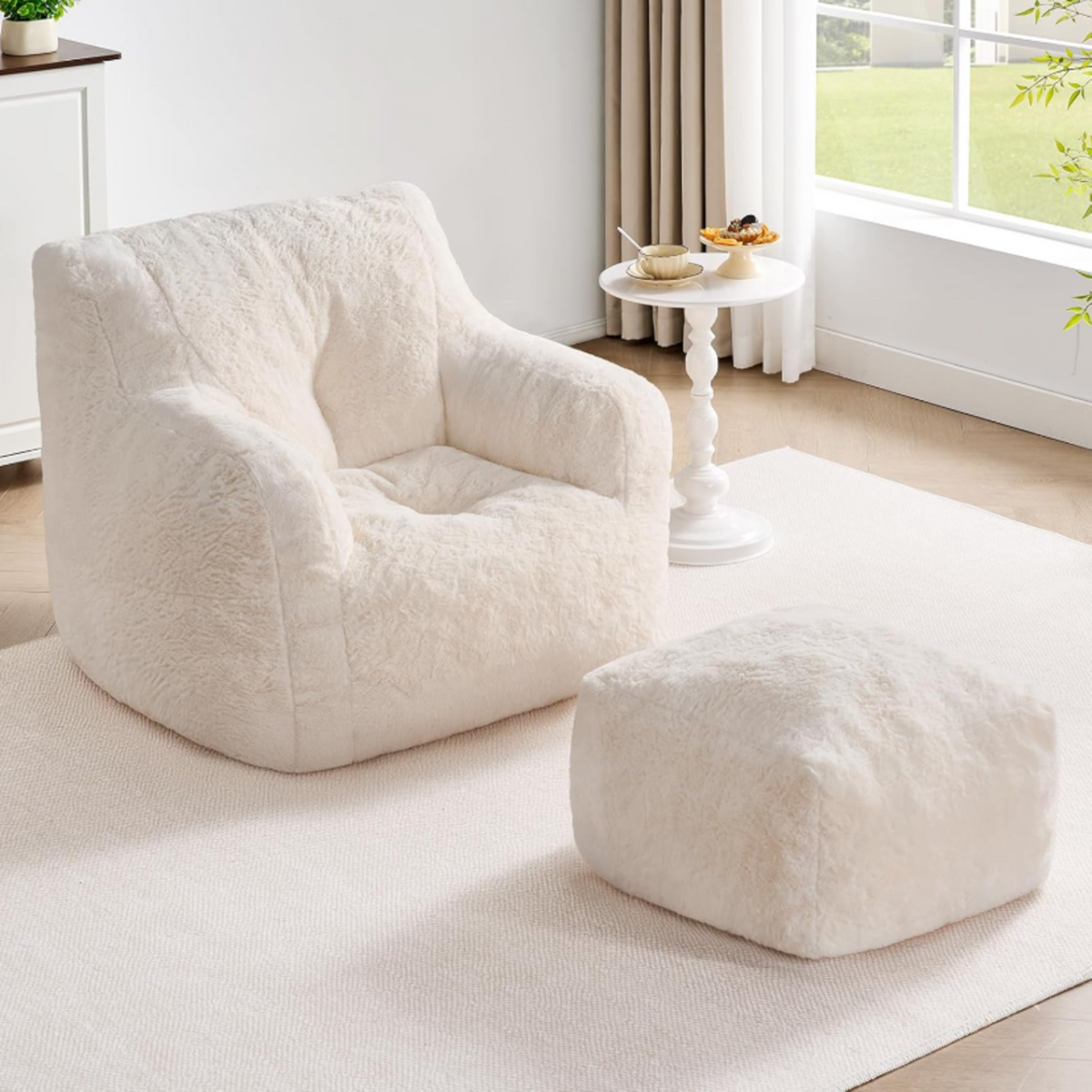 Giant Bean Bag Chair with Ottoman and Faux Fur Cover