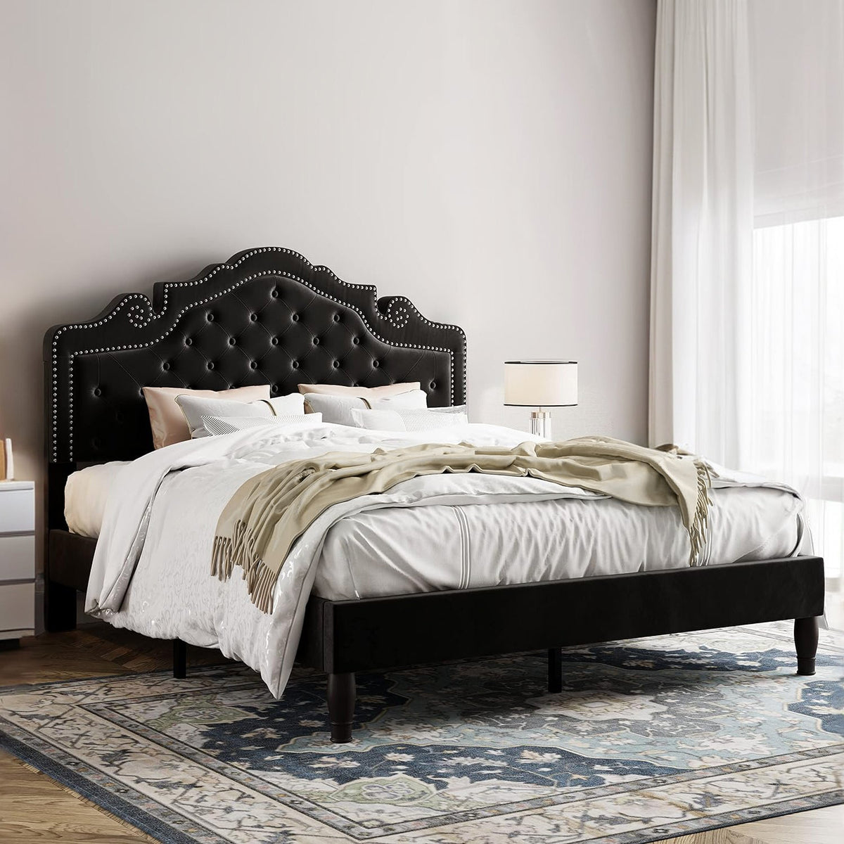 Button Tufted Velvet Platform Bed, Adjustable Headboard