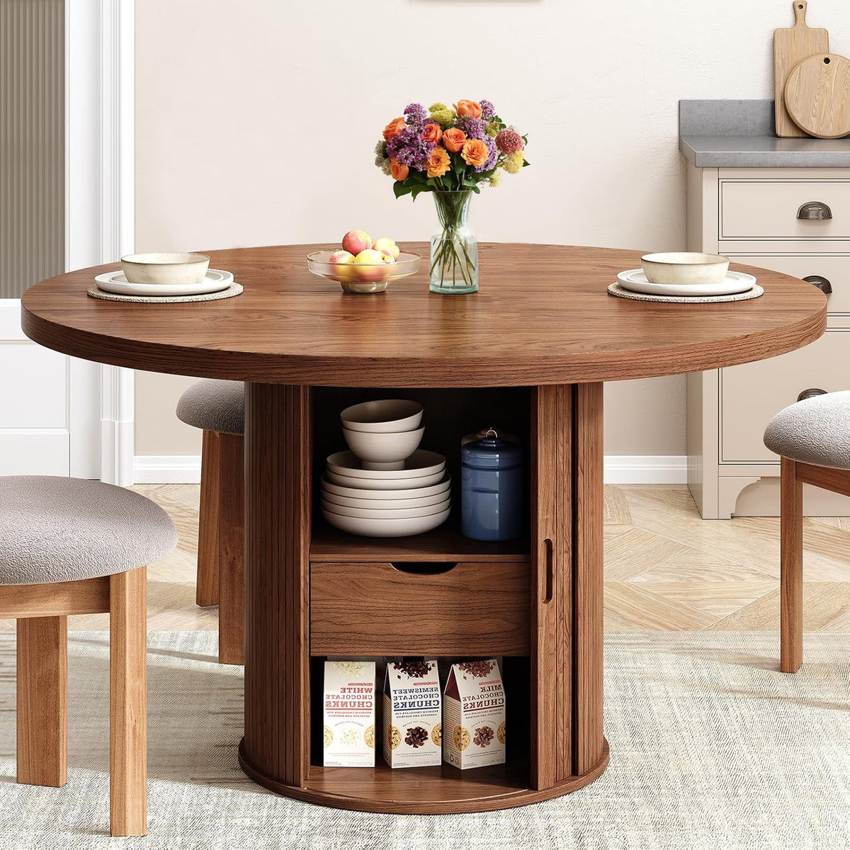 Round Farmhouse Dining Table for 4 to 6 with Storage