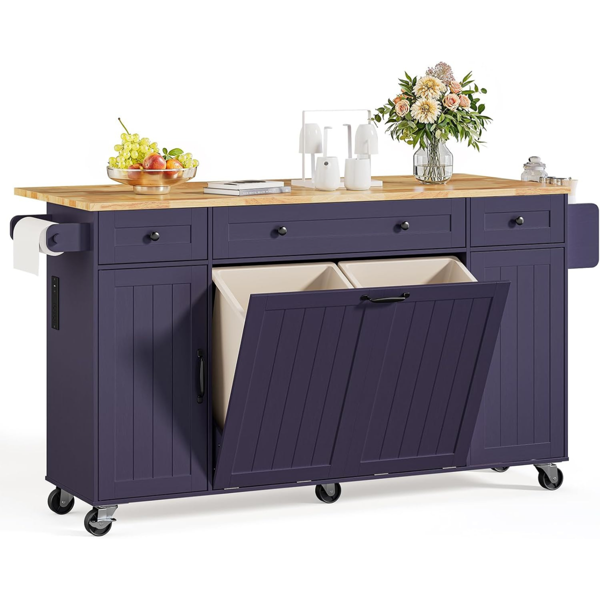 69.3 in Rolling Kitchen Island with Trash Bins