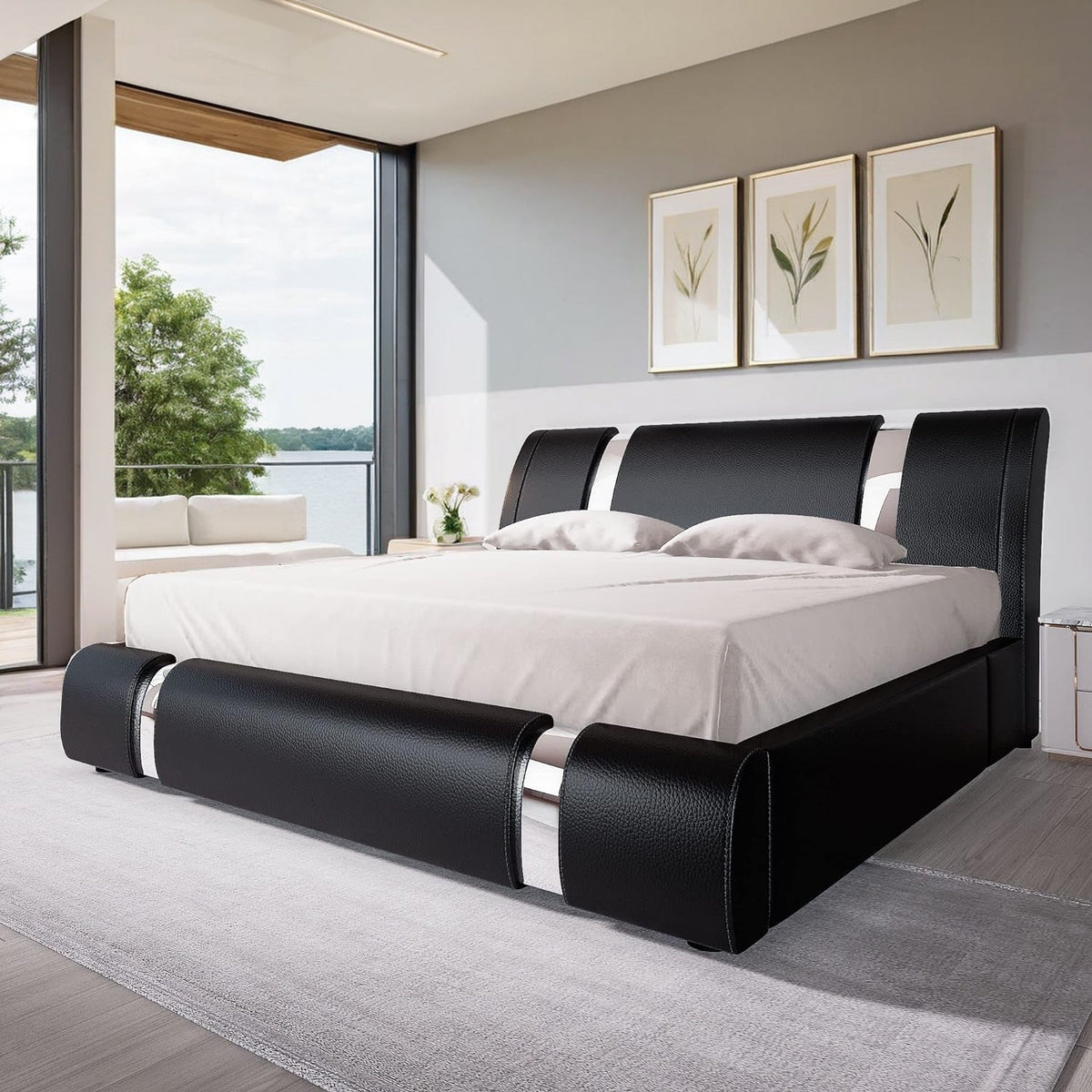 Faux Leather Bed Frame with Adjustable Headboard