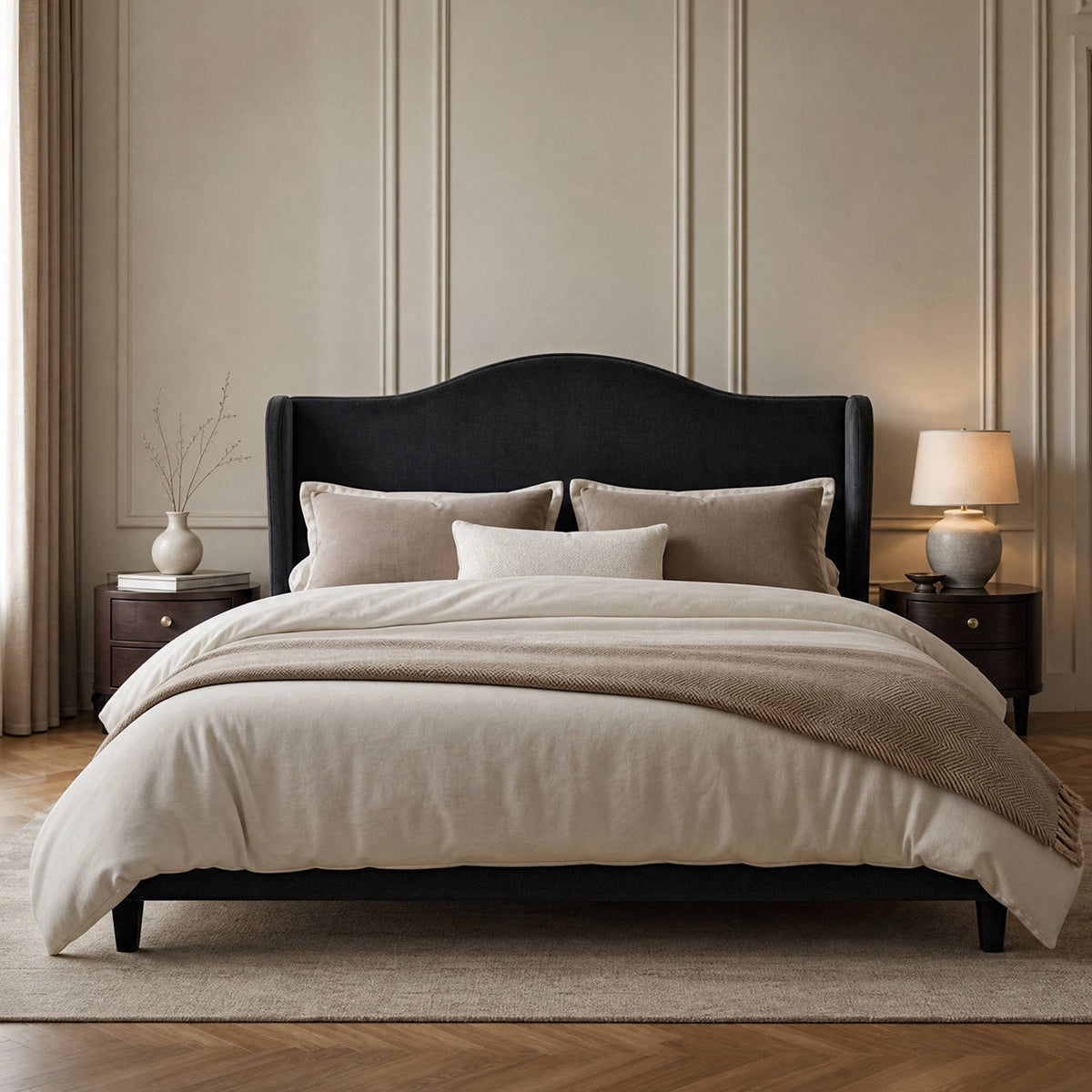 Velvet Platform Bed with 47 Inch Wingback Headboard