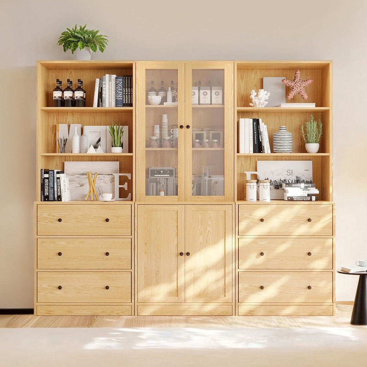 3-Piece Bookcase Set with Drawers and Glass Doors