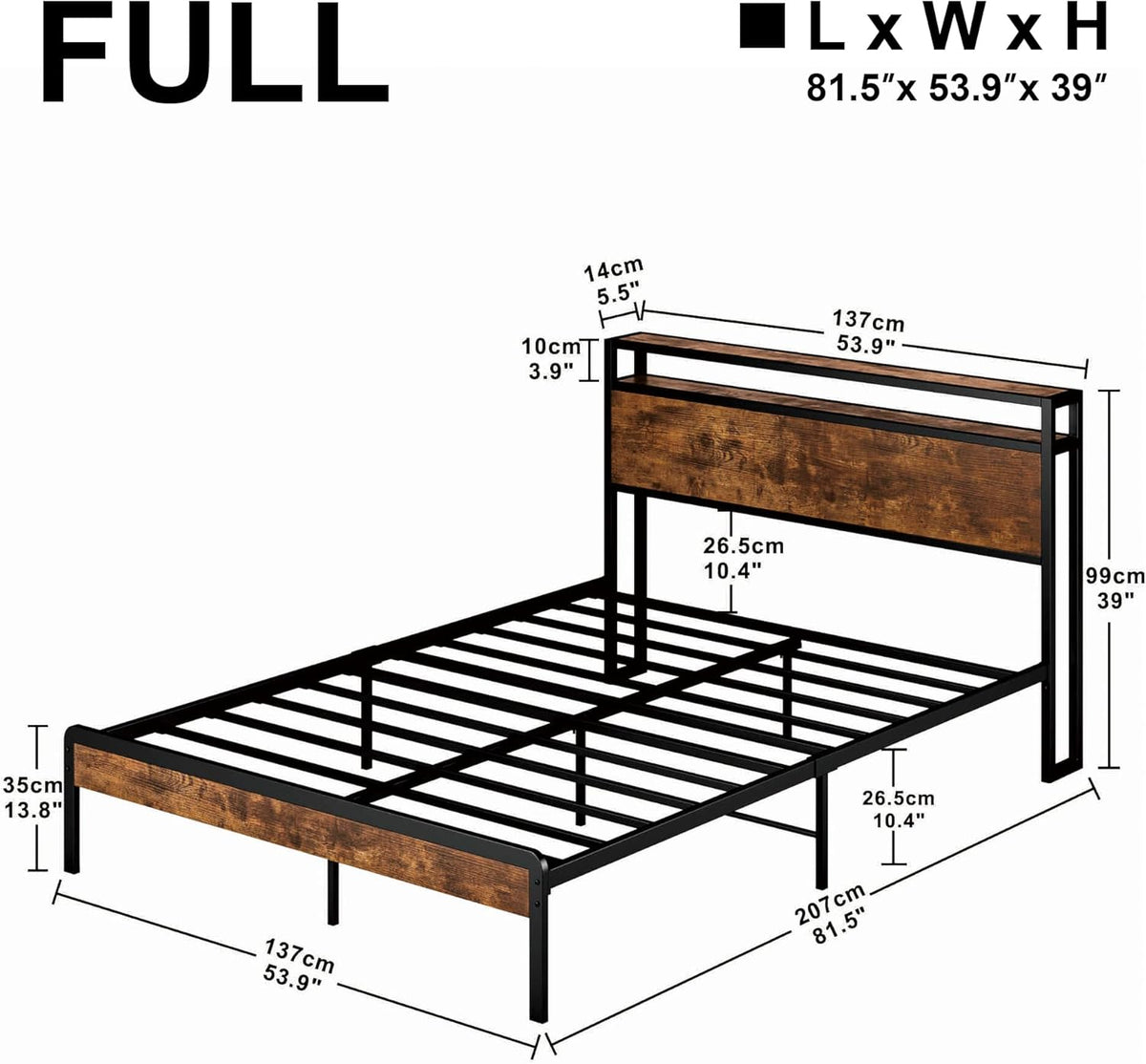Full/King Bed Frame with 2-Tier Storage Headboard
