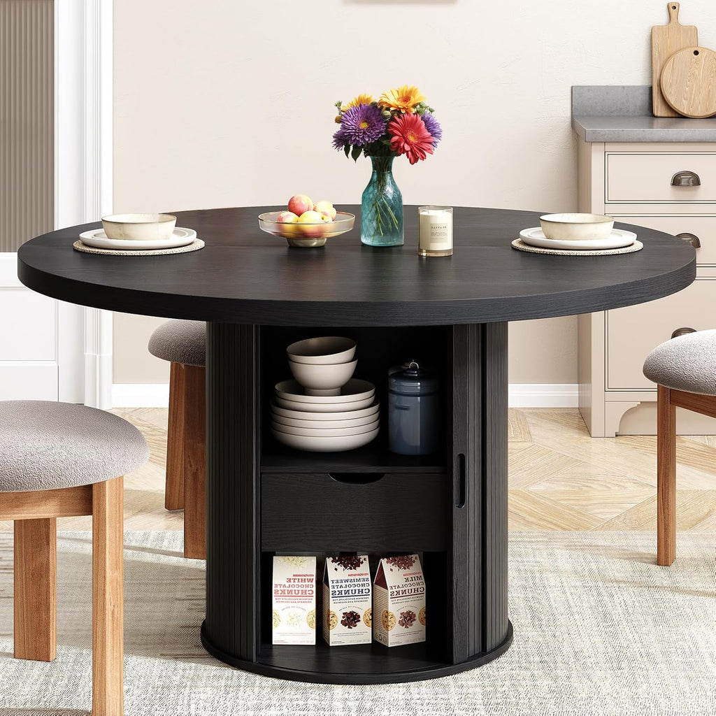 Round Farmhouse Dining Table for 4 to 6 with Storage