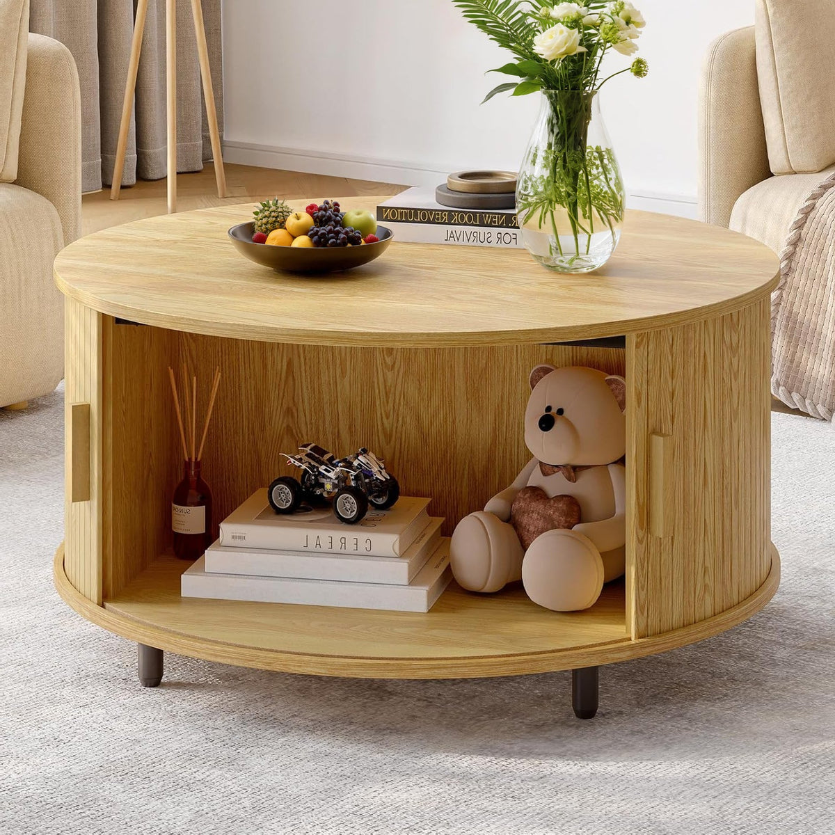 31.5" Round Fluted Coffee Table with Sliding Door