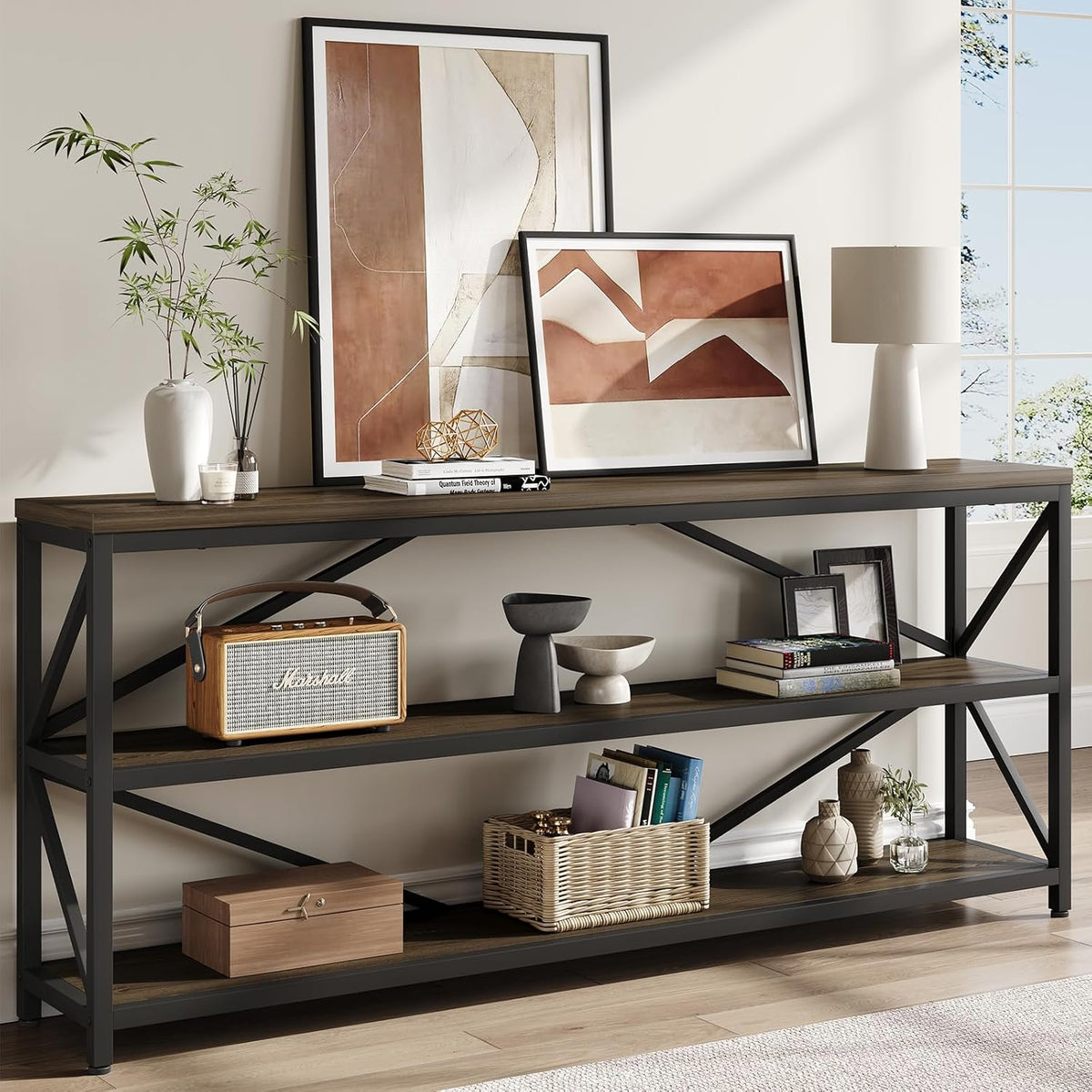 70.8 Inch Industrial Console Table with 3-Tier Shelf
