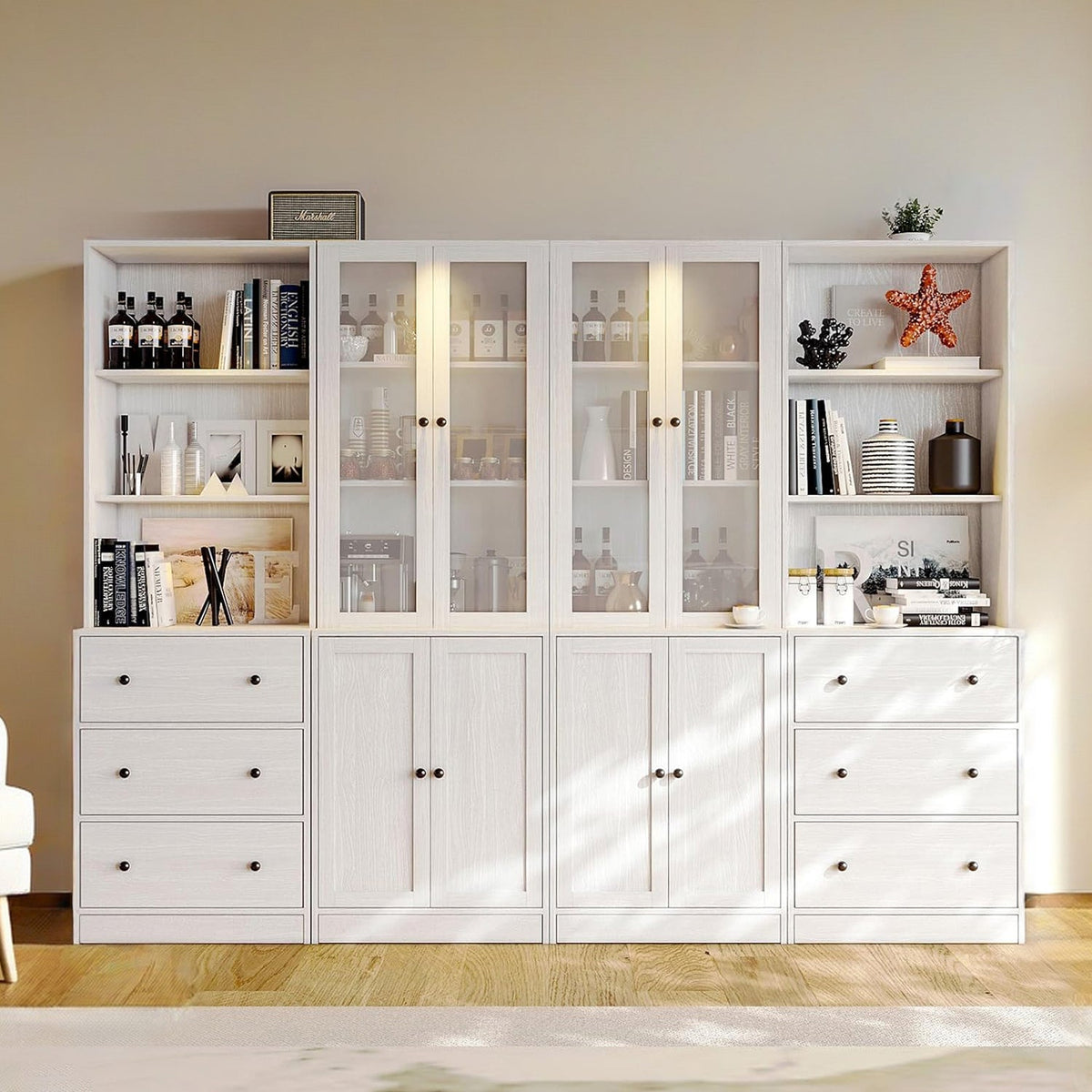 4-Piece Bookcase Set with Glass Door Cabinets (2A+2B)