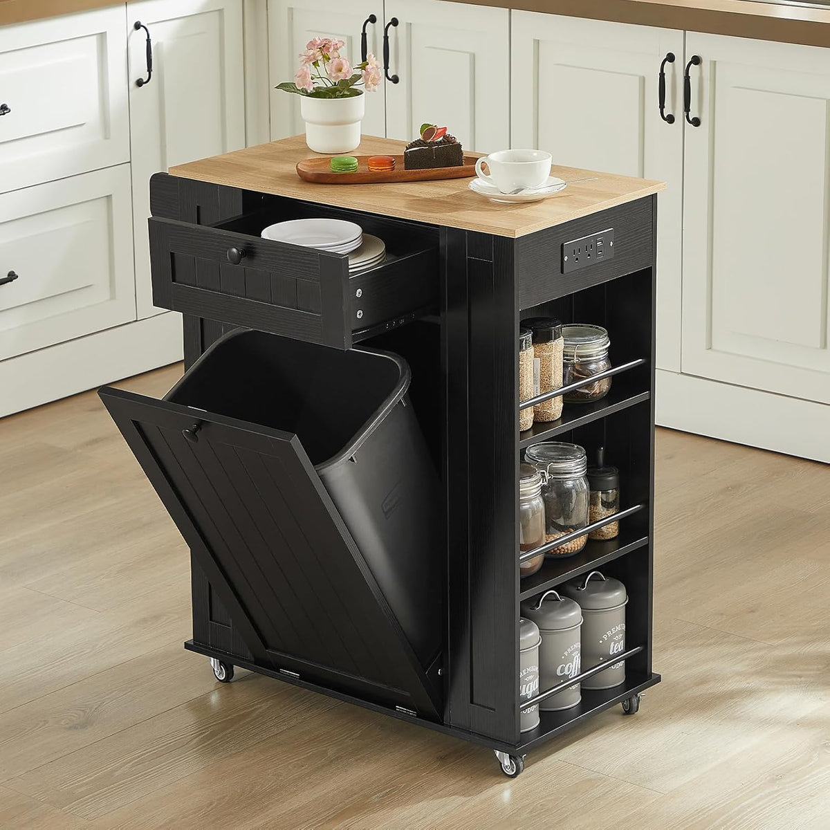 35 Inch Rolling Kitchen Island with Spice Rack and Drawer