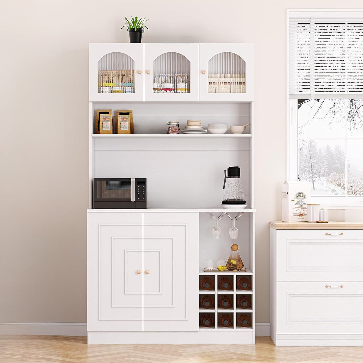 71 Inch White Pantry Cabinet with Microwave Shelf
