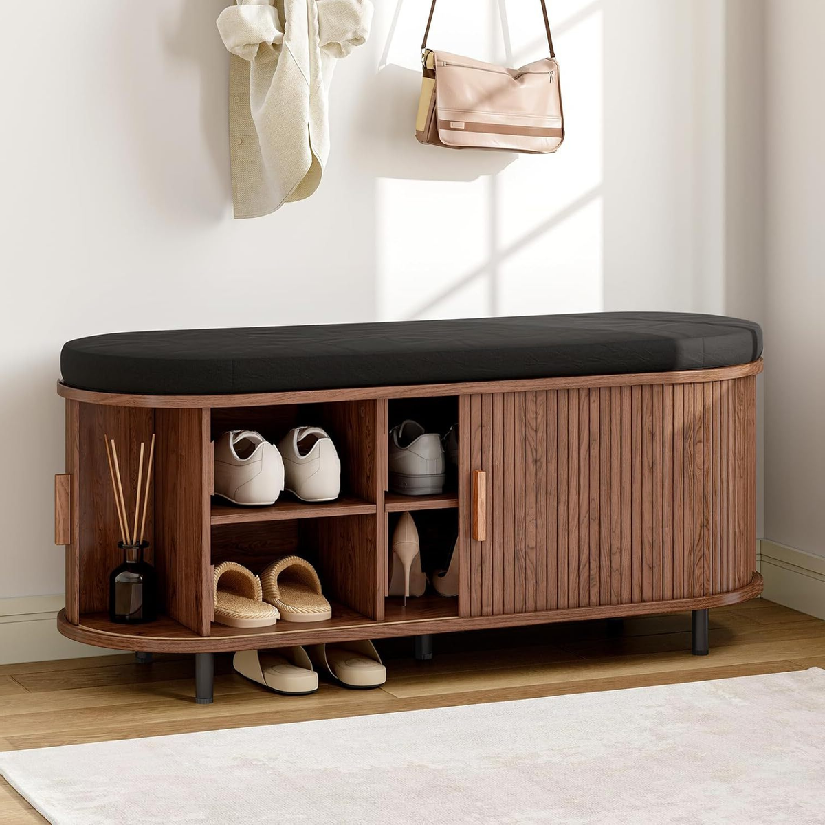 43-Inch Shoe Storage Bench with Cushion and Sliding Door