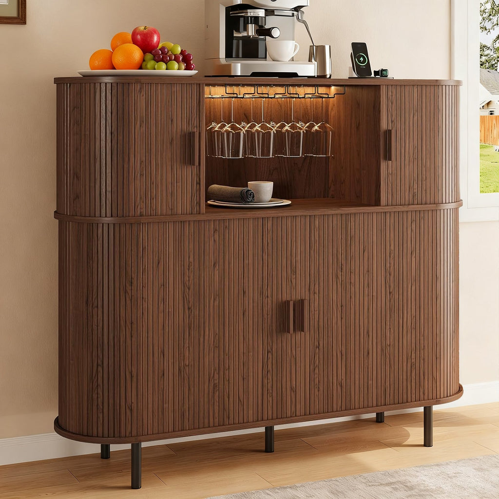 Wine Bar Cabinet with LED Lights and Charging Station