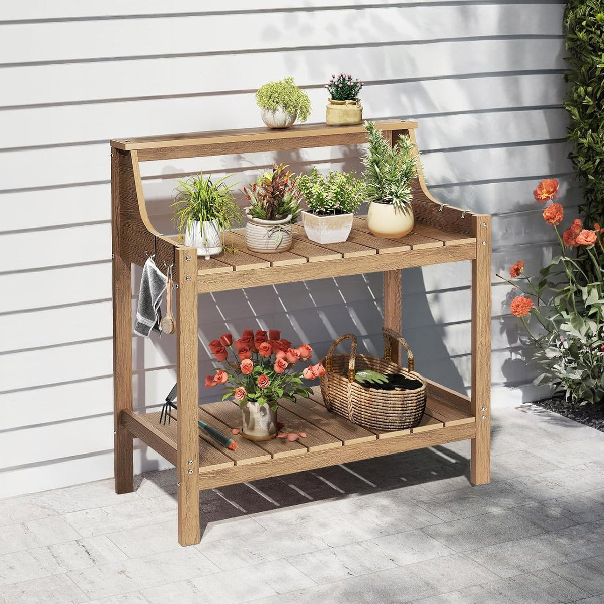 Outdoor HDPS Potting Bench with 4 Side Hooks