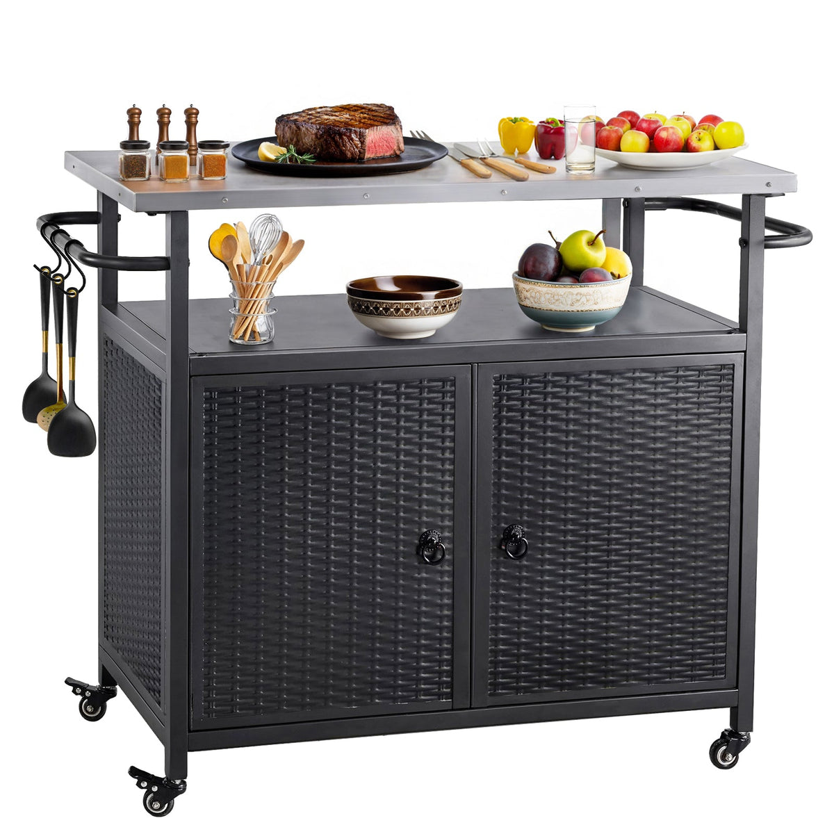 Outdoor Grill Cart with Cabinet and 3 Shelves on Casters
