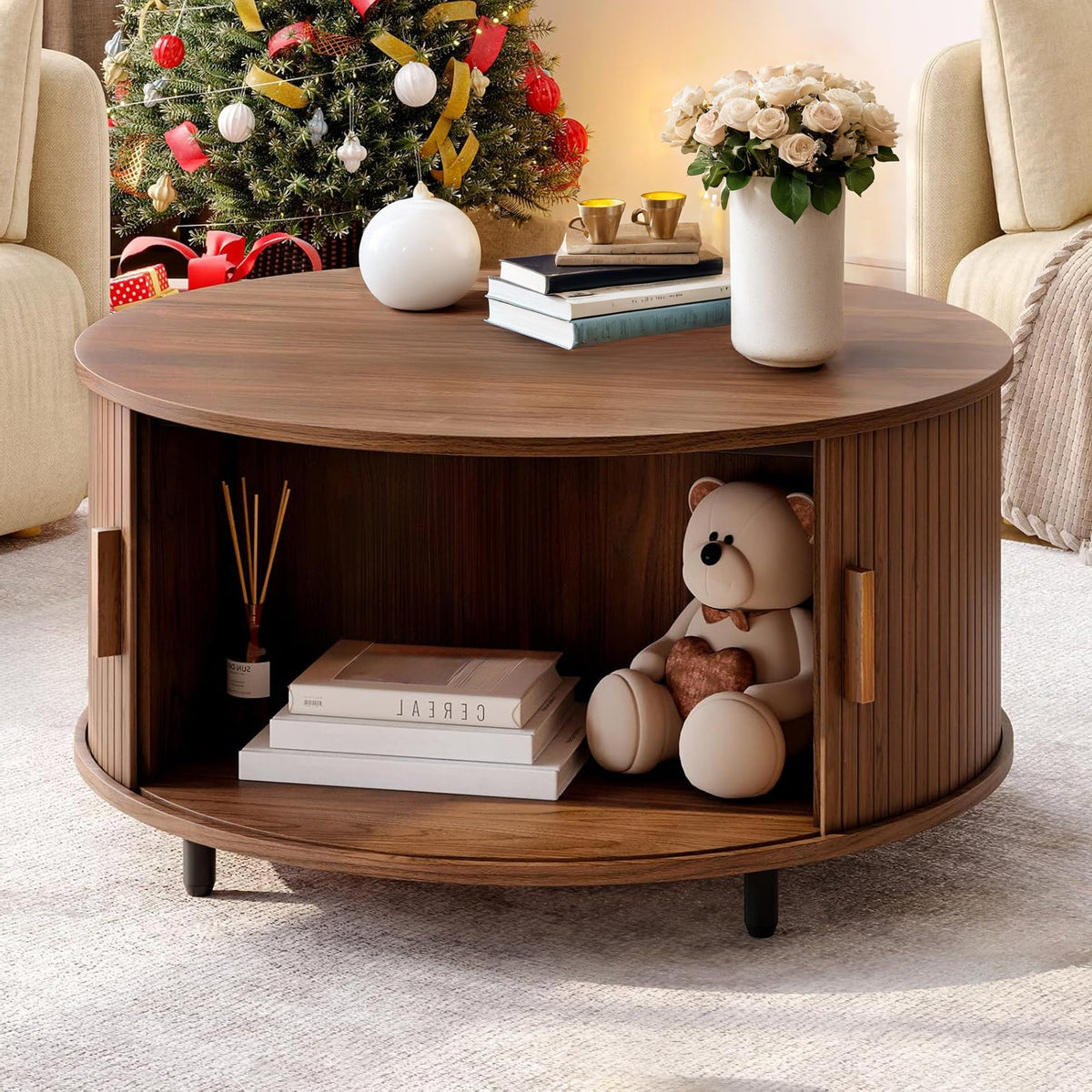31.5" Round Fluted Coffee Table with Sliding Door