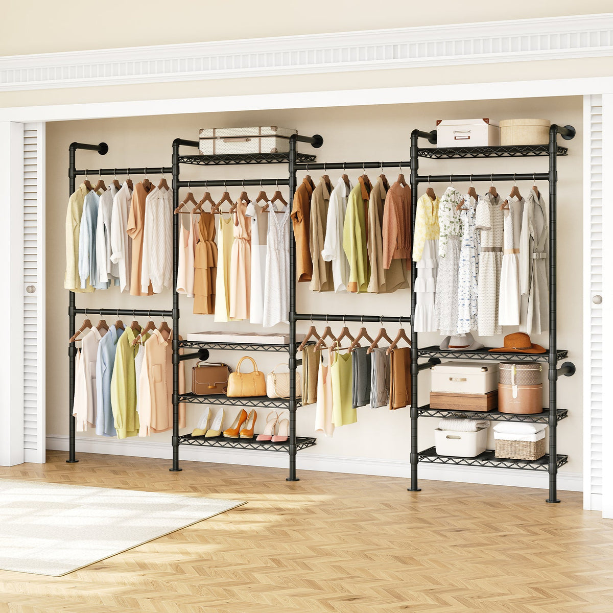 Wall Mounted Closet System with 4 Rods and 8 Shelves