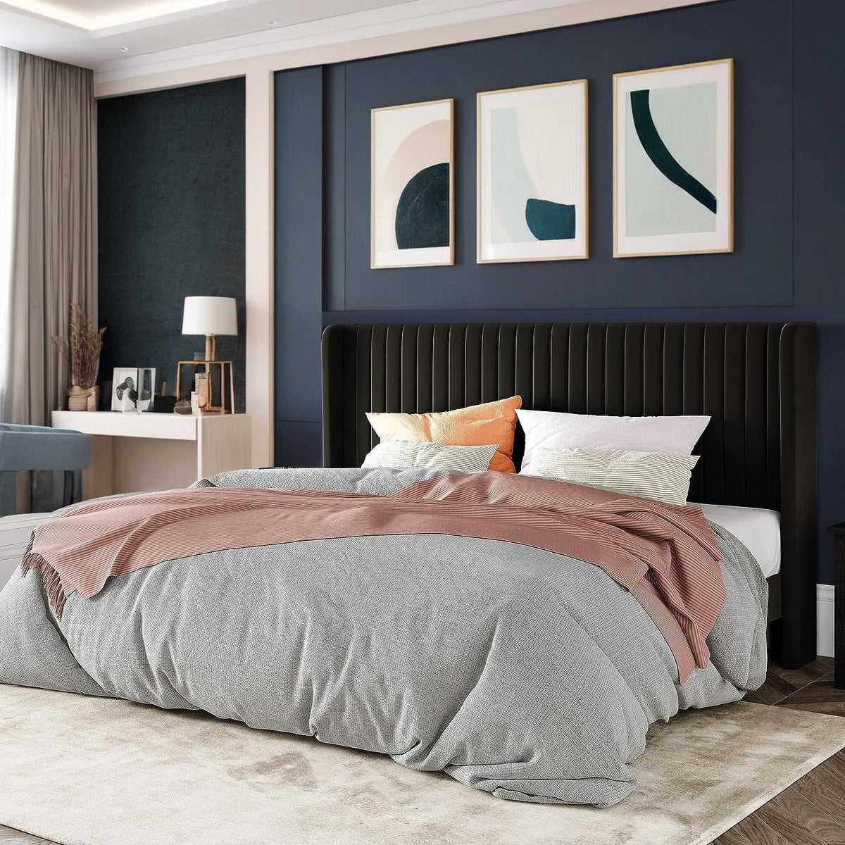 Velvet Platform Bed Frame with Tufted Headboard