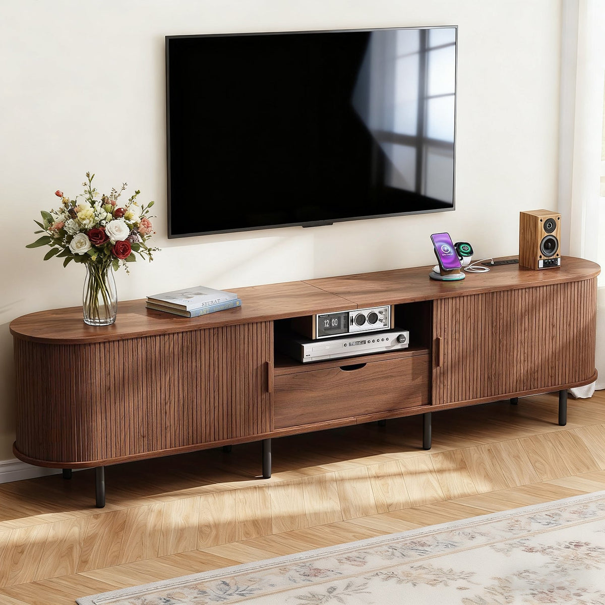 86 Inch TV Stand with Sliding Doors and Charging Station