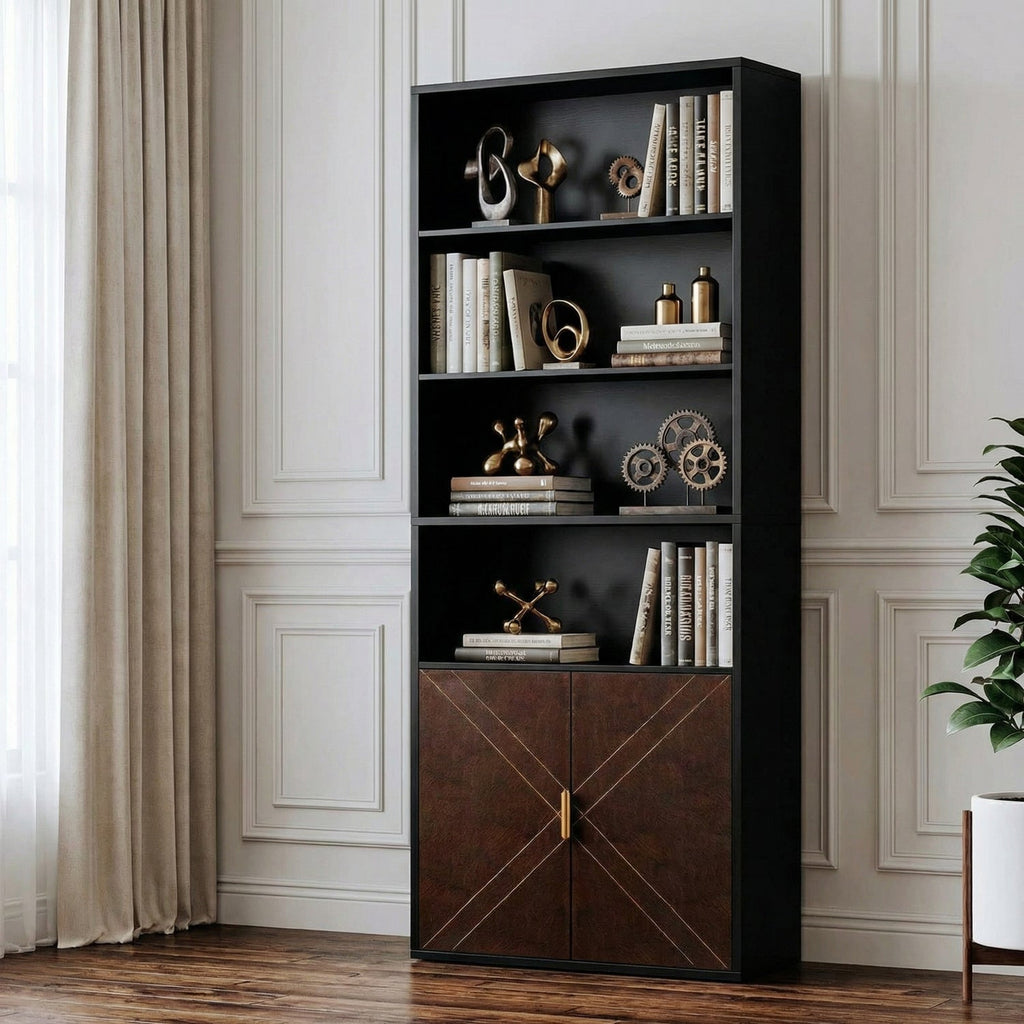 70 Inch Tall Bookshelf with Leather Doors, 6-Tier