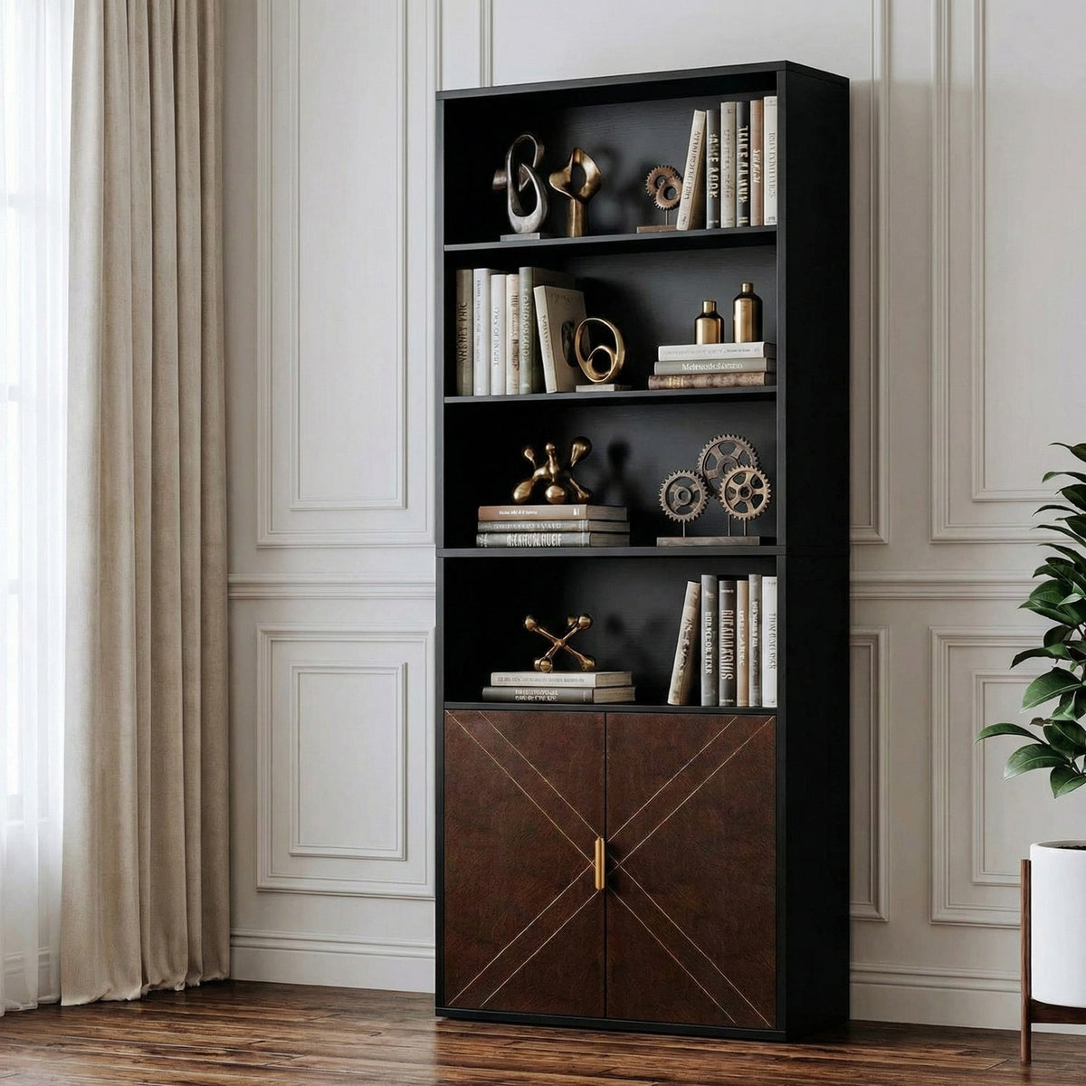 70 Inch Tall Bookshelf with Leather Doors, 6-Tier