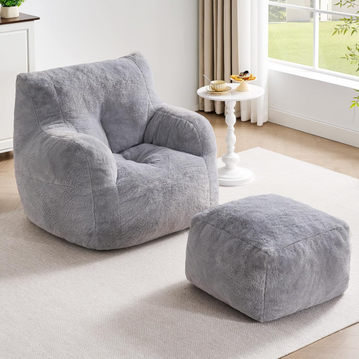 Giant Bean Bag Chair with Ottoman and Faux Fur Cover