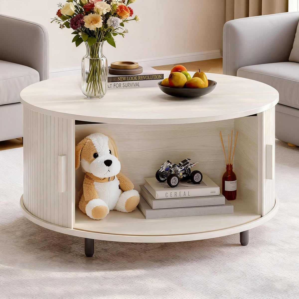 31.5" Round Fluted Coffee Table with Sliding Door