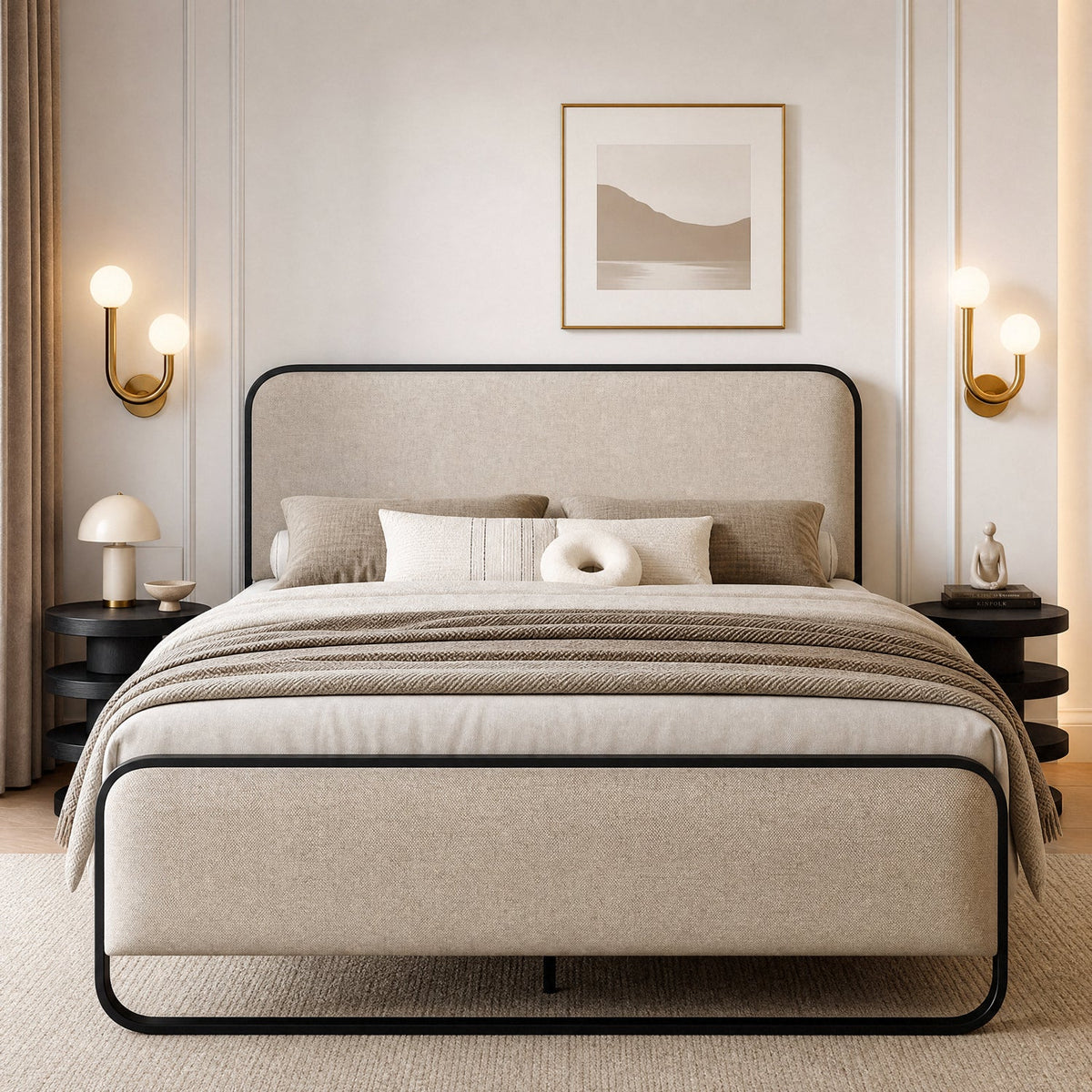 Metal Bed Frame with Curved Upholstered Headboard
