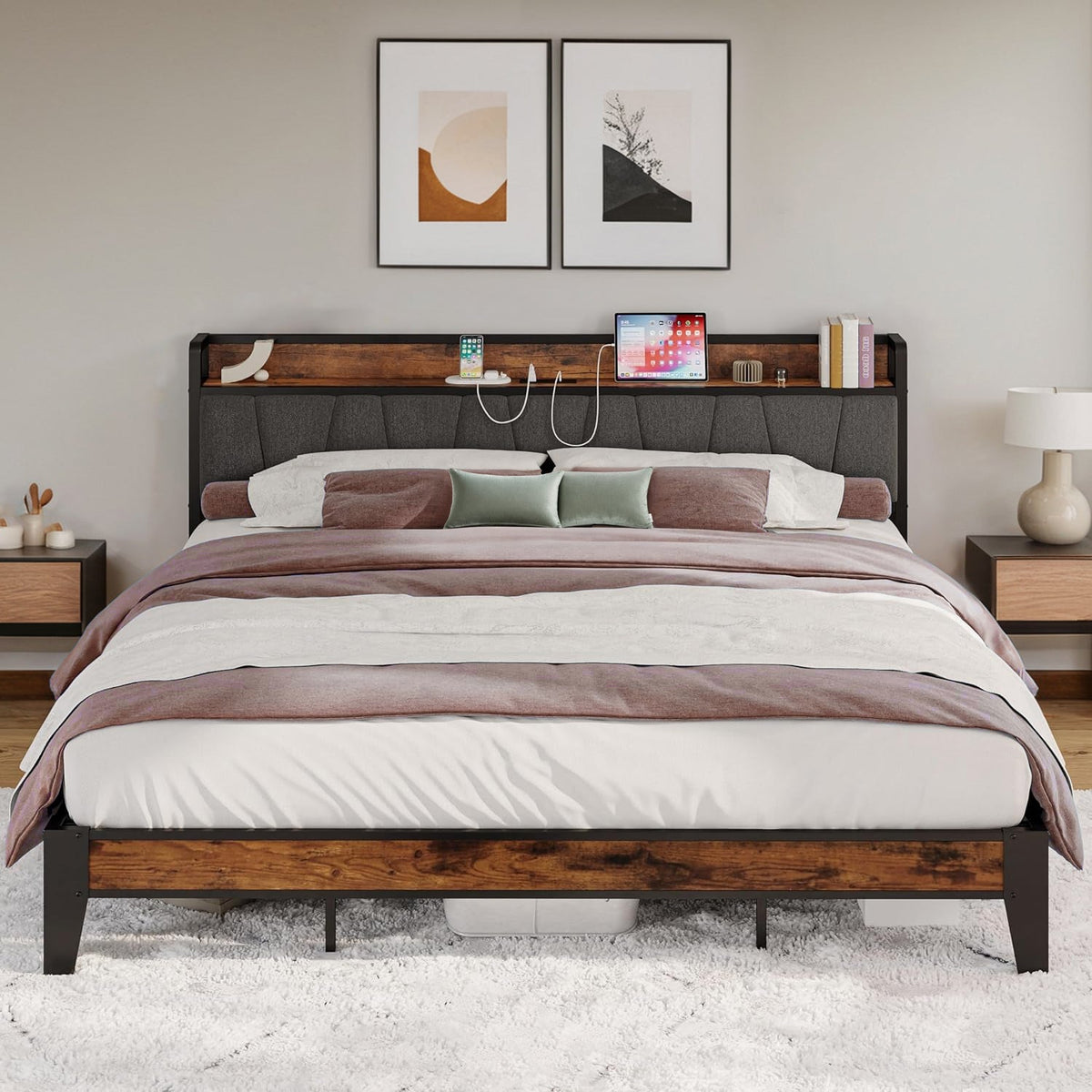 California King Storage Bed Frame with Charging Station