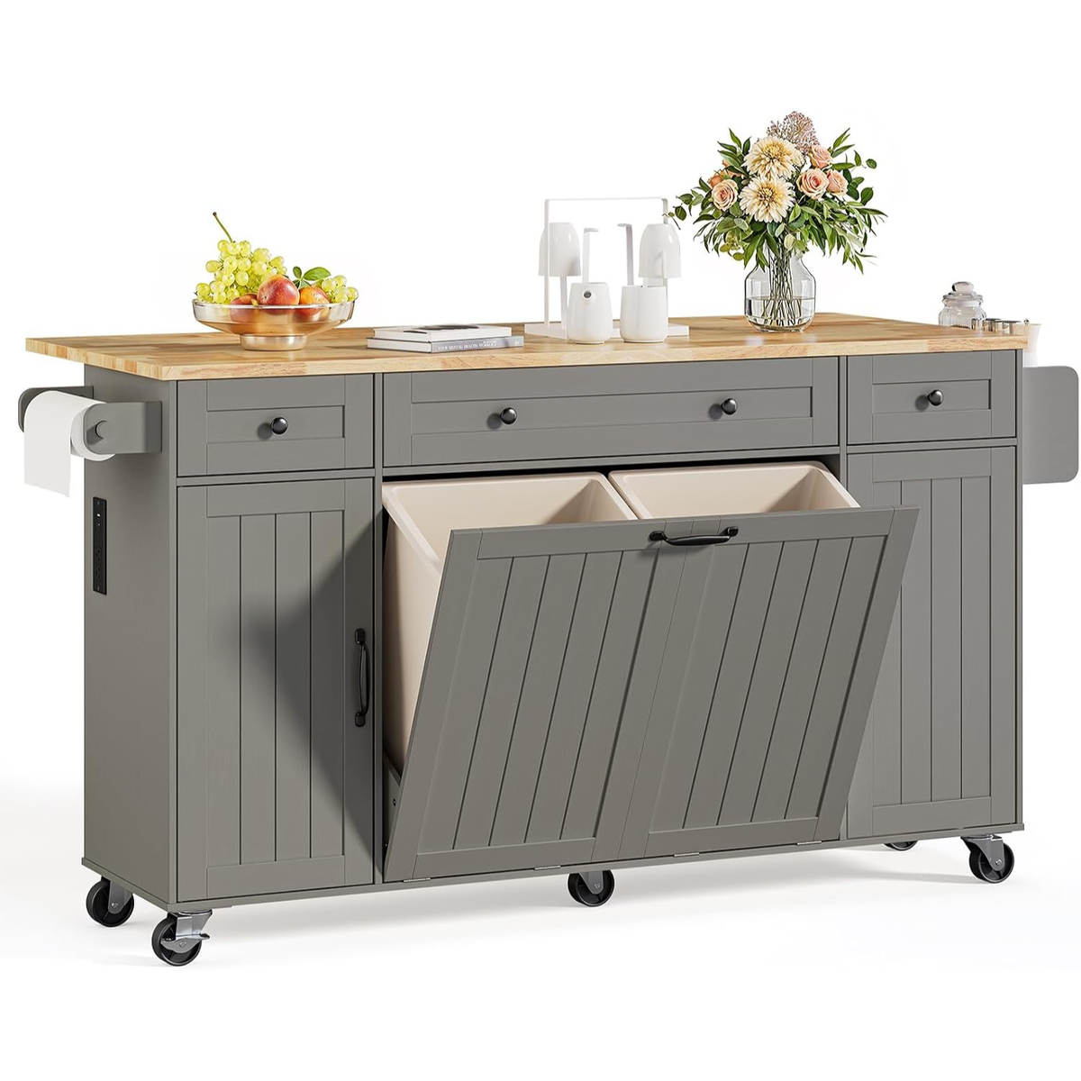 69.3 in Rolling Kitchen Island with Trash Bins