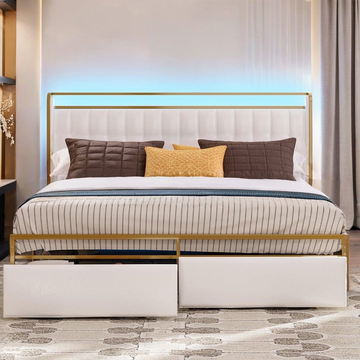 Upholstered Bed Frame with RGB Light and Drawers