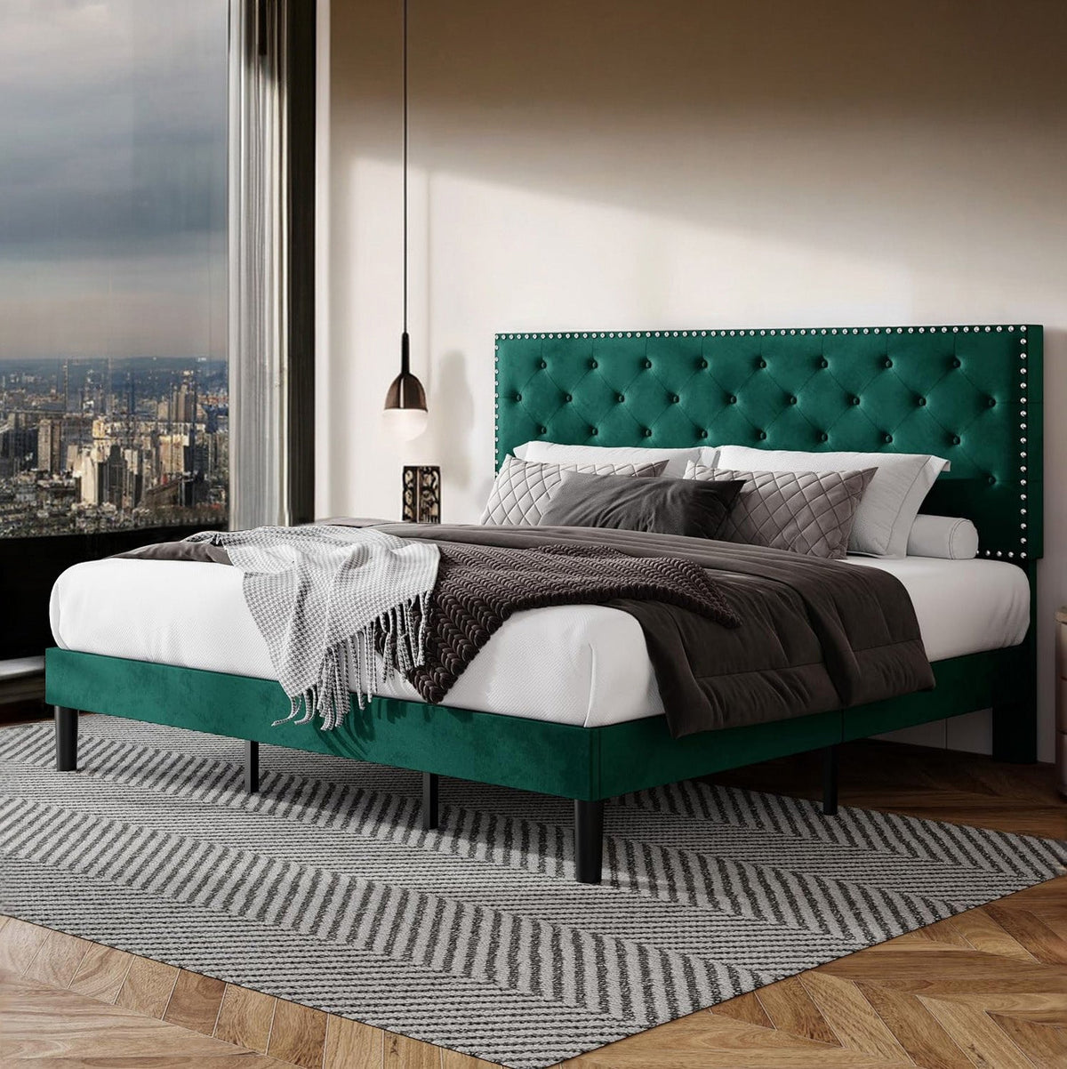 Velvet Upholstered Bed Frame, Button Tufted Headboard