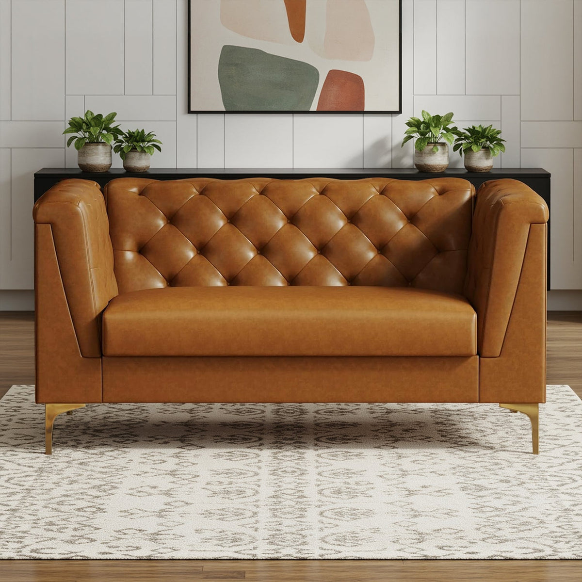 Mid-Century Faux Leather Deep-Seat Sofa