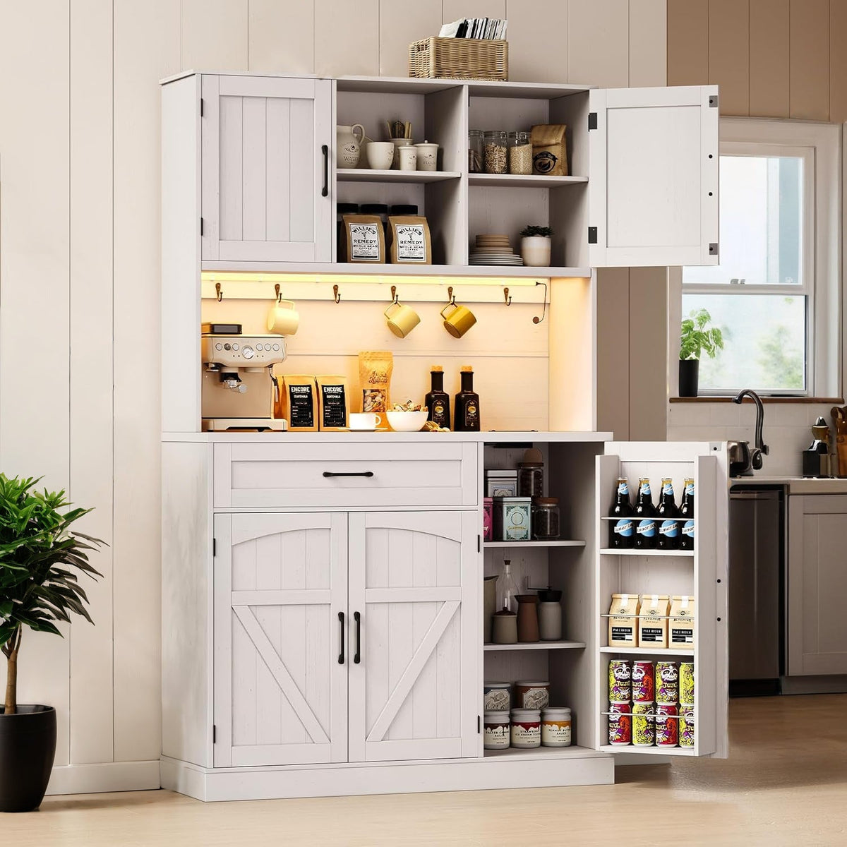 71-Inch Kitchen Pantry Cabinet with LED Light and Outlet