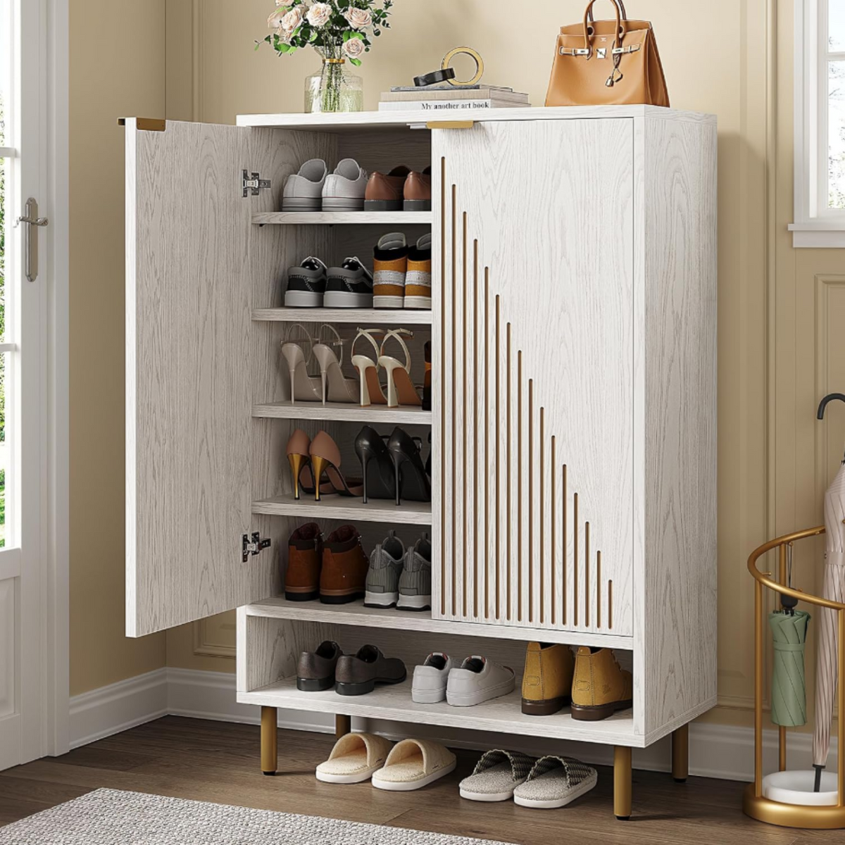 6-Tier Wooden Shoe Cabinet with Linear Doors