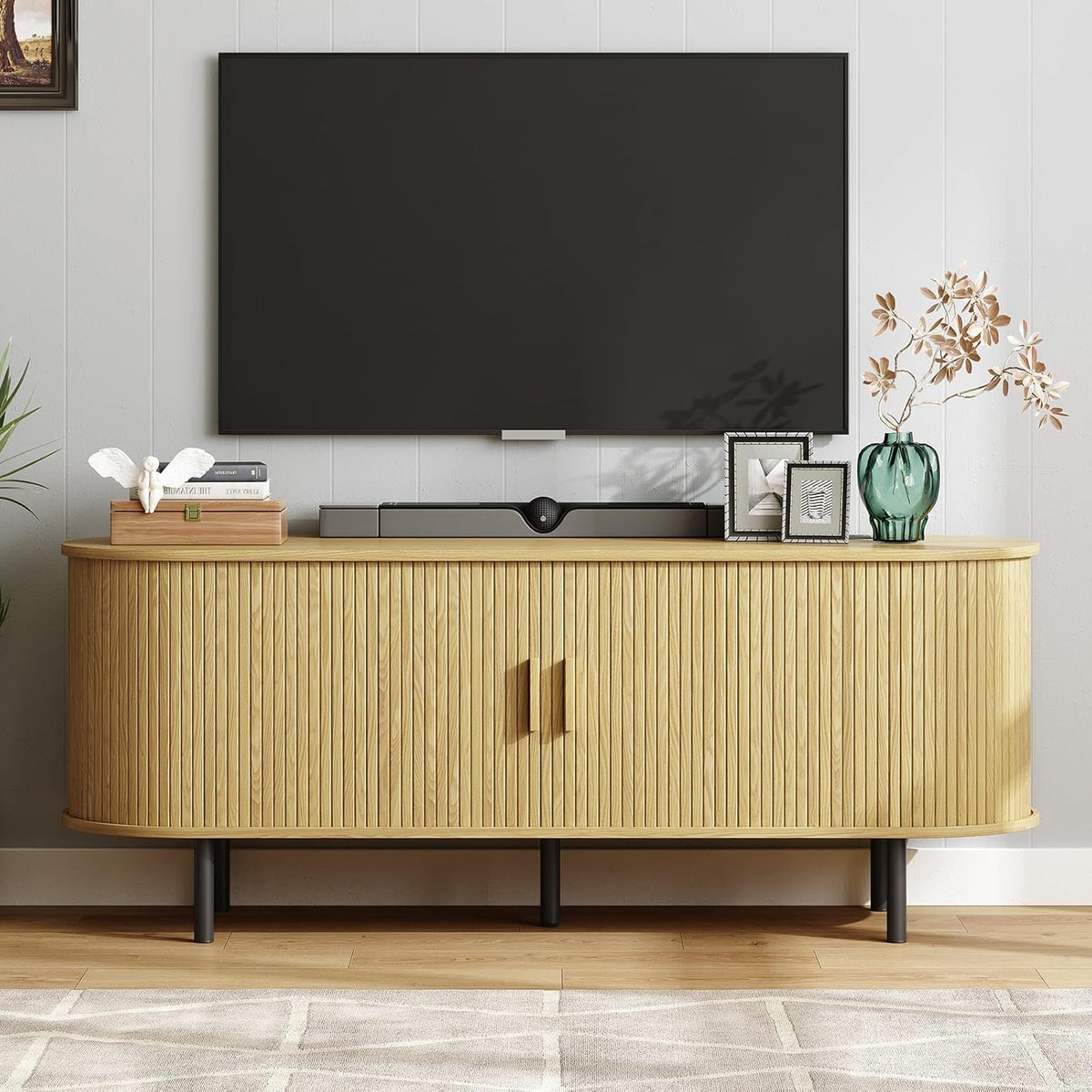 55 Inch TV Cabinet with Sliding Doors and Storage