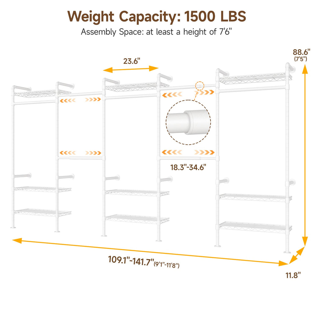 Wall Mounted Closet System with 4 Rods and 9 Shelves