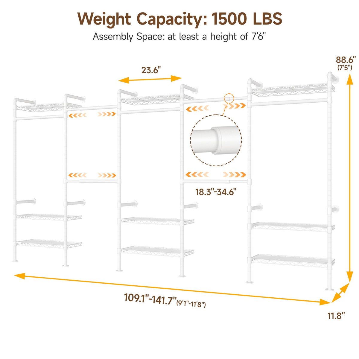 Wall Mounted Closet System with 4 Rods and 9 Shelves