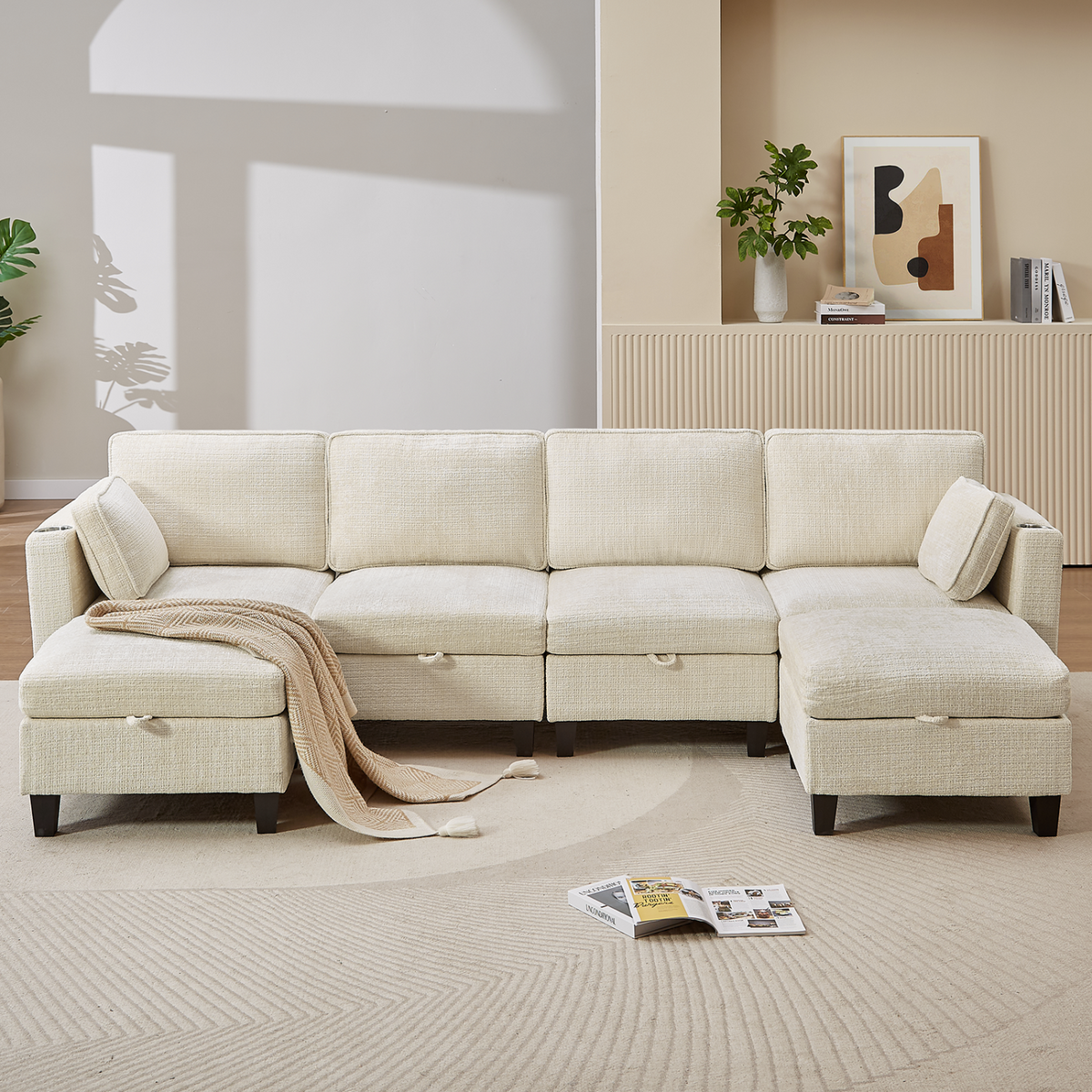 110 Inch U-Shaped Modular Chenille Sleeper Sectional