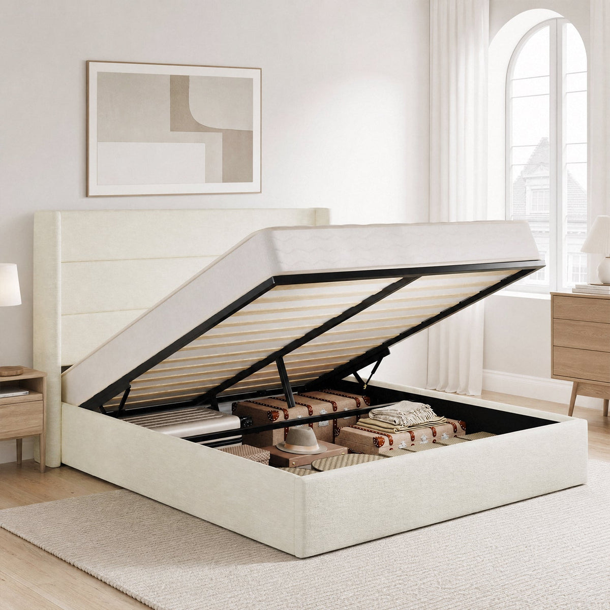 Chenille Lift Up Storage Bed with Wingback Headboard
