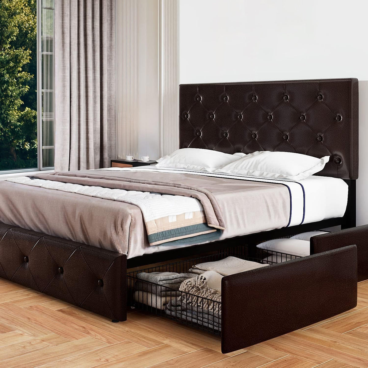 Faux Leather Bed Frame with 4 Storage Drawers