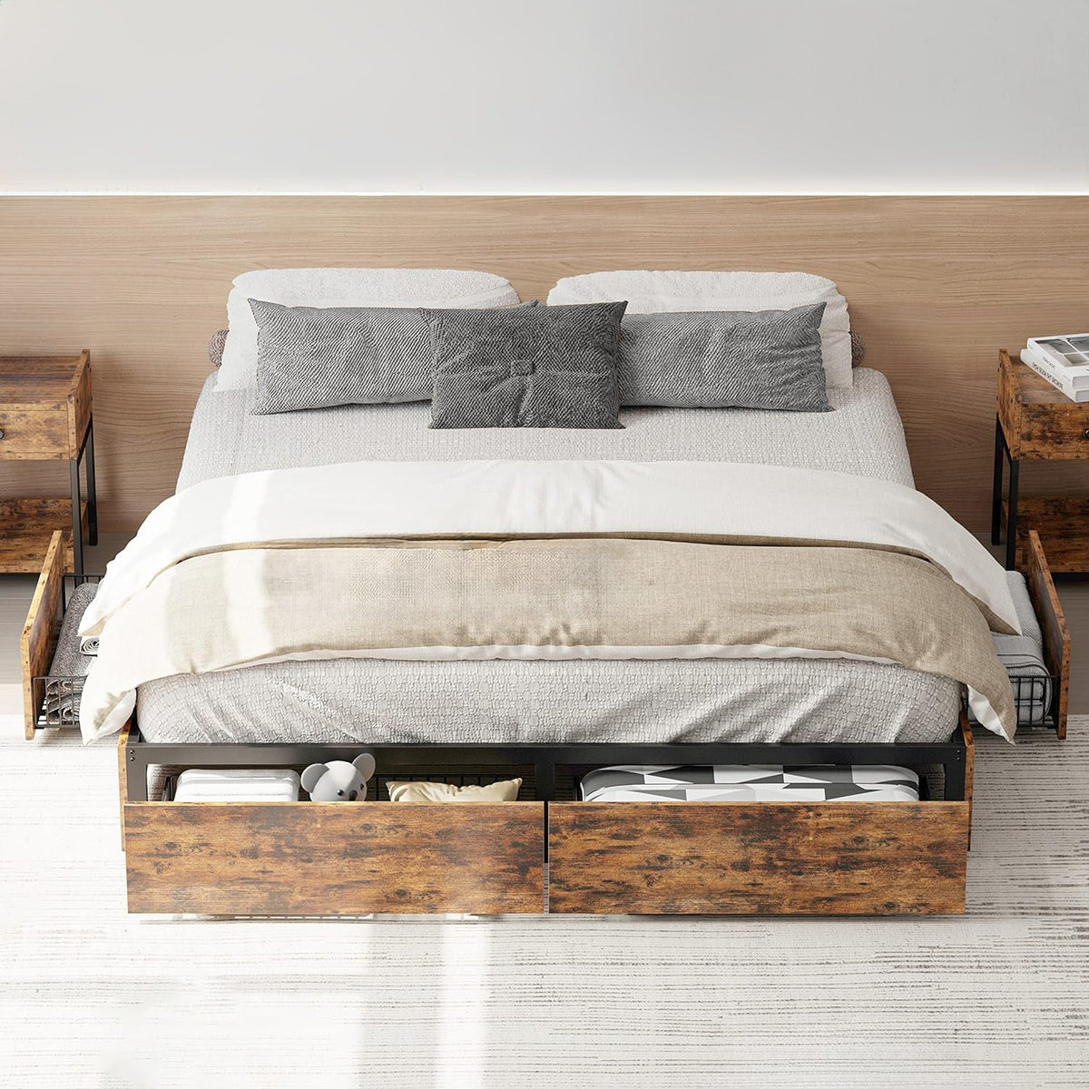 Queen or King Bed Frame with 4 Storage Drawers
